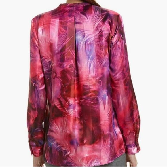 T Tahari Womens blouse Driya Pink Satin Printed Workwear Size XL snap button new - Picture 2 of 16